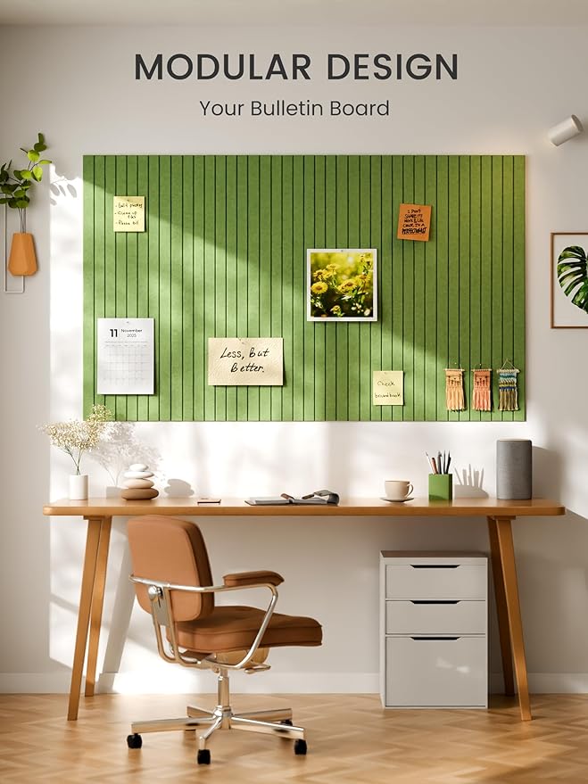 Bumusty Large Cork Board Alternative-48 x 36" Felt Bulletin Board Tiles, with 30 Pushpins, 70 Adhesive Tabs, 12-Pack Slat Wall Paneling, Cork Boards for Office Push Pin Board Felt Board-Kelly Green