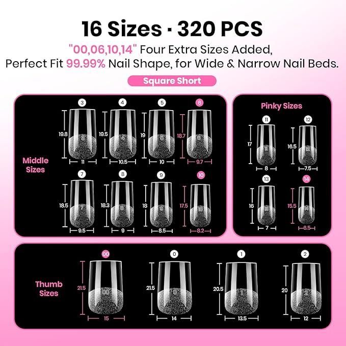 Beetles Gel Nail Tips Square Short, 320pcs 16 Sizes(00-14), Flat-X Pre-Etched Half Matte Full Cover Soft Gel Nail Tips, Natural Clear Press on False Nail Supplies, Easy DIY Nail Extension Salon Art