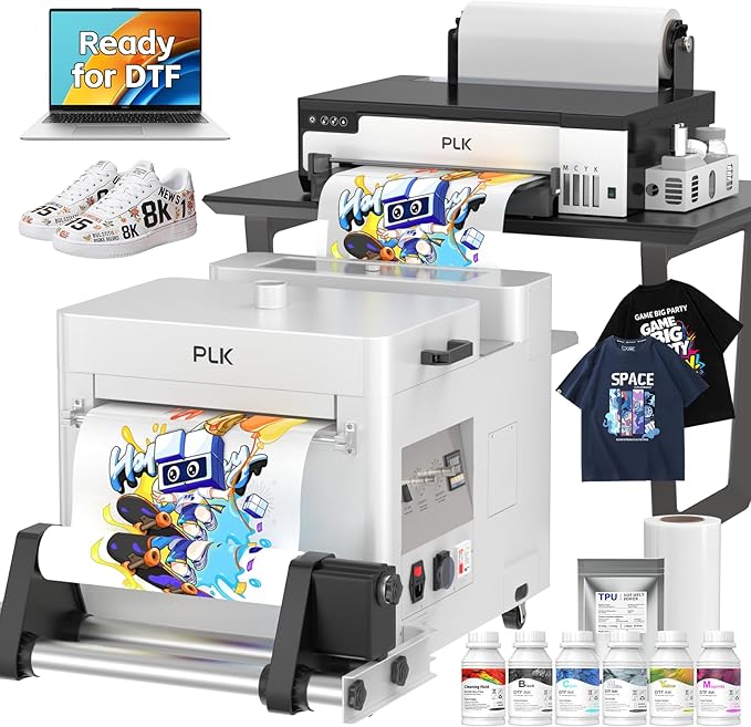 PLK A3 DTF Printer with Shaker Dryer,XP600 DTF Machine,Roll Feeder,Film-Cutter,Double Speed,Upgraded L18058 with White Ink Stirring System,Apparel Transfer Printing (A3 Printer+Shaker+Laptop)