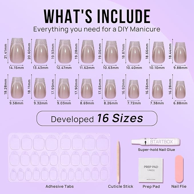 BTArtbox Press On Nails Short - Cat Eye French Tip Press On Nails Coffin, Light Weight & Fit Perfectly Nail Tips, Natural Fake Nail with Glue, Glue On Nails in 16 Sizes - 32 Nail Kit, Milky Way
