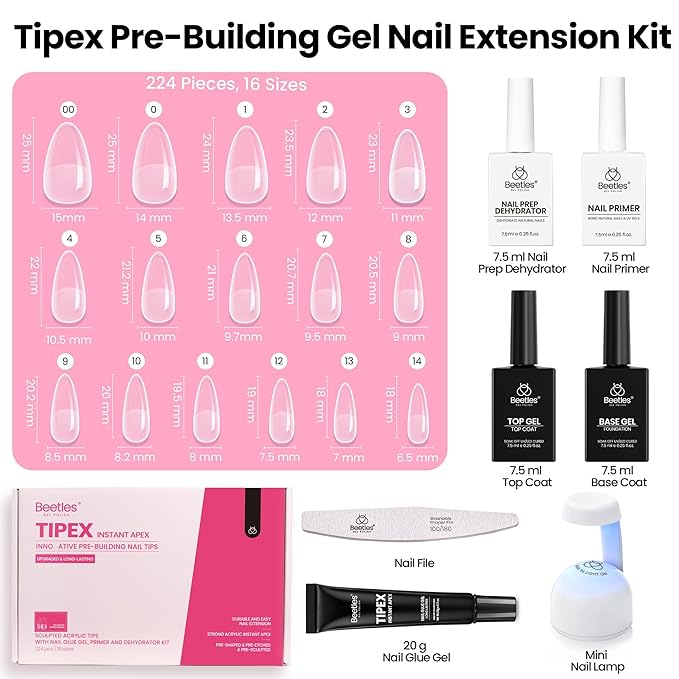 Beetles Tipex Instant Apex Nail Tips Kit with Dehydrator & Primer, Medium Almond, 224PCS 16 Sizes, Reinforced Apex for Strong Long-Lasting Wear, 20g Solid Nail Glue, Mini UV Lamp, Base & Top Coat
