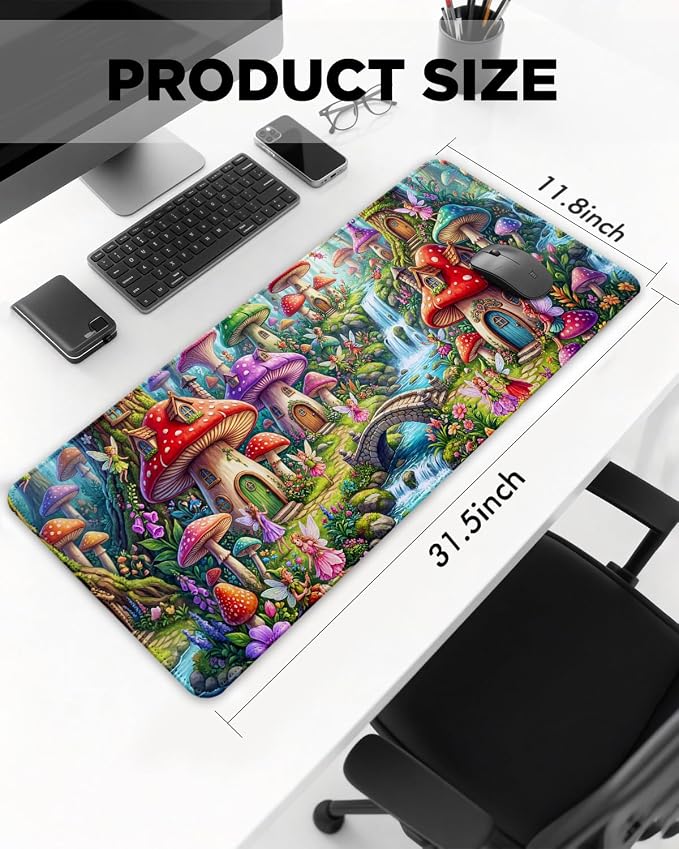 Mouse Pad, Desk Mat, 31.5x11.8in Large Mousepad, Mushroom House | Desk Pad with Stitched Edge & Rubber Non-Slip Bottom, Gaming Mouse Pad, Extended Mousepad for Home, Office