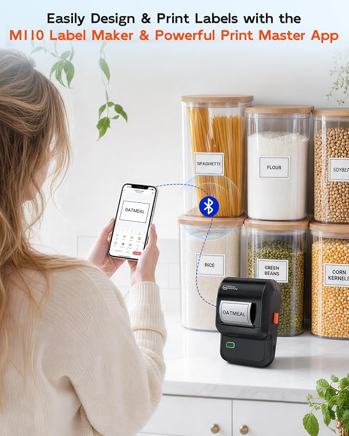 Pone Label Maker with Tape, Bluetooth Label Printer with 6000+ Templates | Portable 2 Inch Barcode Thermal Sticker Printer Easy to Use for Small Business, Home, School, Safety Label Makers,Black