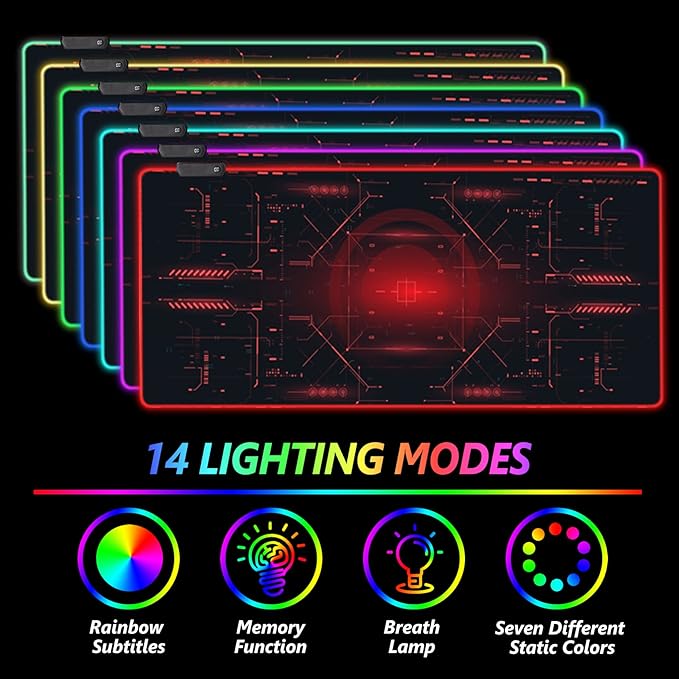 AIMSA Large Gaming Mouse Pad RGB, Keyboard Led Mousepad Extended 35.4 x 15.8 inch Non-Slip Rubber Base with 14 Lighting Modes Desk Mat, Red Circuit Board Motherboard