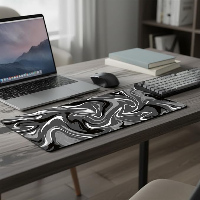 Large Gaming Mouse Pad (31.5x11.8in) - Black & Grey Liquid Swirl Design, Abstract Fluid Art - Extended Desk Mat with Stitched Edges, Non-Slip Rubber Base for Esports and High DPI Sensor Tracking