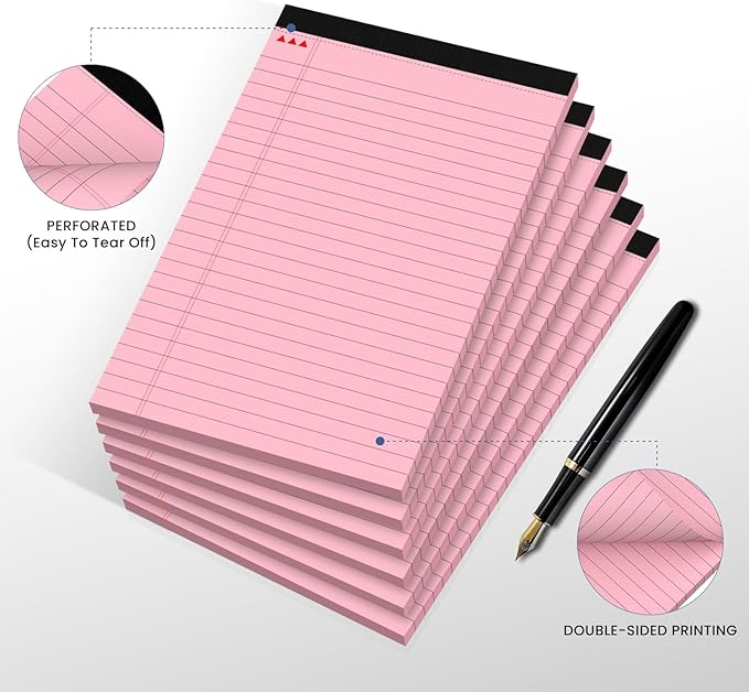 6pcs Small Note Pads, Pink Notepads 5x8 College Ruled Notebook, Writing Pads 5 x 8, Legal Pads, Pad Paper Perforate Notebooks for Work, Message, School, Office Supplies,30 Sheets/Pack
