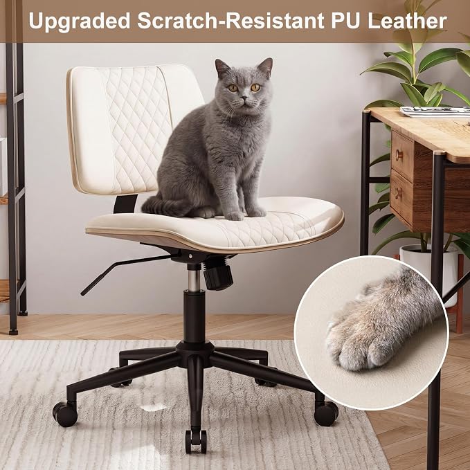Modern Armless Office Chair with Wheels, Wide Seat Walnut, Beige | Adjustable Swivel Desk Chair with Mid Back & Tilt Function, Faux PU Leather Mid Century Modern Task Office Chair, 300LBS Cap