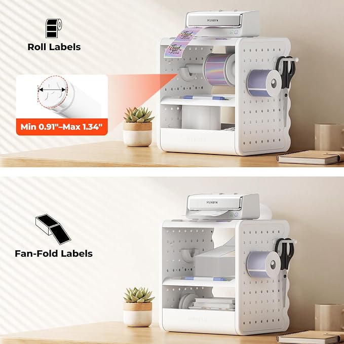 MUNBYN 4x6 Thermal Label Holder for Rolls and Fanfold Labels, ILH03 | 3-Tier Shelf, 5-in-1 Sticker Holder, Drawer, Hooks & Pegboard, For Shipping Label Printing, Office, Small Business, Home