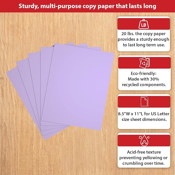Staples Pastel Copy Paper 8.5 x 11 Inch Lilac Color Sheets for Printing and Documents
