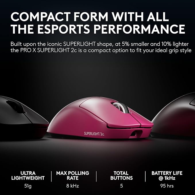 Pro X Superlight 2c Wireless Gaming Mouse: 51g Compact Mini Size, Symmetrical Shape, <8 kHz Polling, 44K DPI, PowerPlay Wireless Charging Supported, USB-C, 5 Programmable Buttons, For PC/Mac - Magenta