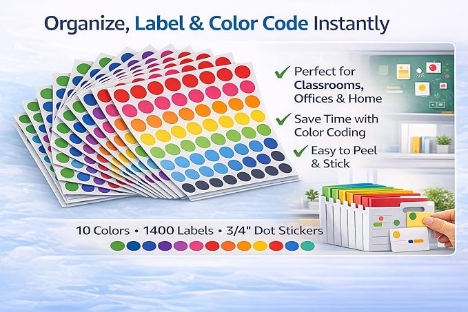 1400 Colored Dot Stickers, 3/4 Inch Round Color Coding Labels, Multi Color Circle Labels for Classroom Supplies, Office Organization, Pricing Stickers, Inventory Labels, Teachers, Kids Crafts