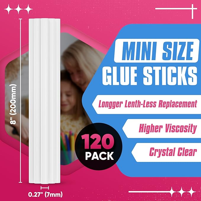 EZUVITA Mini Size Hot Glue Sticks, 0.27” Dia x 8” Long, 120-Pack Clear Hot Melt Glue Gun Sticks for All-Temp Mini Glue Guns, Multipurpose for DIY Art Craft General Repairs, Festival Decorations