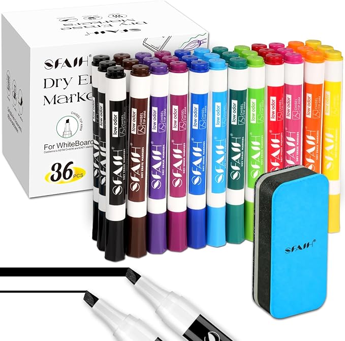 SFAIH Dry Erase Markers Chisel Tip with Magnetic Whiteboard Eraser, 36 Bulk 12 Colors White Board Markers for Teachers, Versatile Lines, 1s Quickly Dry, Essential Supplies for Office Teacher