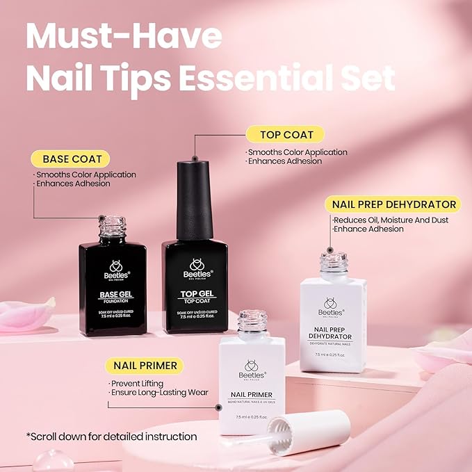 Beetles Tipex Instant Apex Nail Tips Kit with Dehydrator & Primer, Short Almond, 224PCS 16 Sizes, Reinforced Apex for Strong Long-Lasting Wear, 20g Solid Nail Glue, Mini UV Lamp, Base & Top Coat
