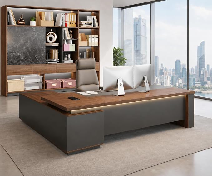 63" Reversible L-Shaped Executive Desk with Drawers – Compact Office Computer Desk with Open Shelves, LED Lighting, Built-in Outlet & USB Ports for Home, Office, School (63" W x 63" D x 30" H)