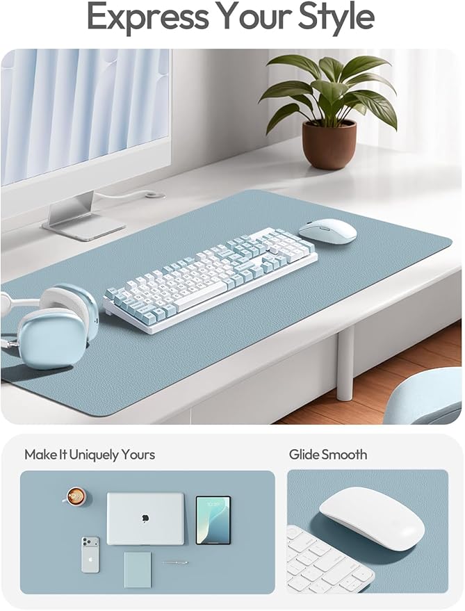 YSAGi Leather Desk Protector, Office Mat, Large Mouse Mat, Non-Slip PU Leather Blotter, Laptop Pad, Waterproof Writing Pad for Office and Home (Ice Blue, 47.2" x 23.6")