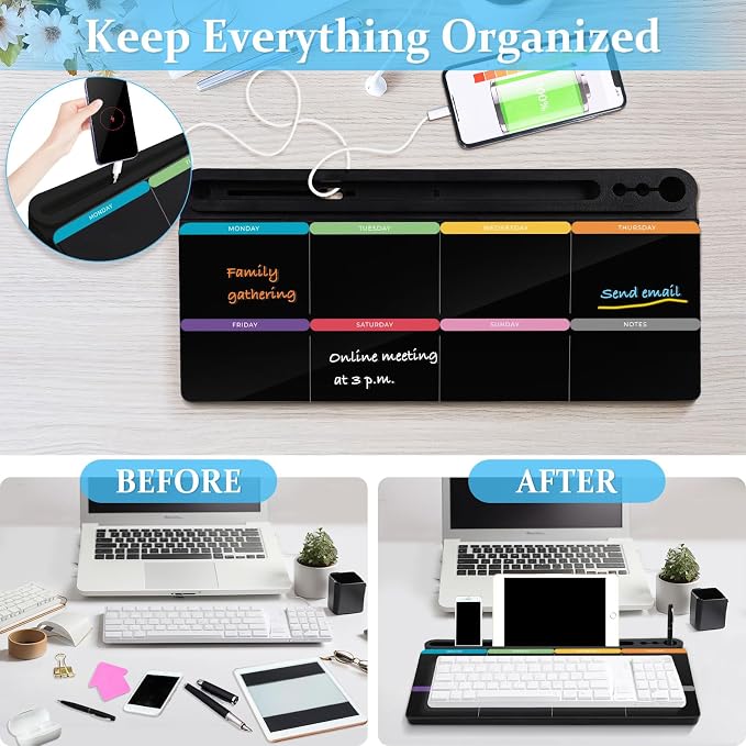 DOLLAR BOSS Glass Desk Whiteboard Calendar Small Dry Erase Board, Black | Desktop White Board with Storage Drawer, Colorful Weekly Calendar, Computer Keyboard Stand, Desk Organizer, Office Supplies