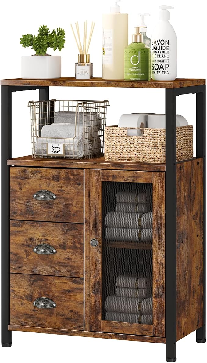 Homeiju Bathroom Storage Cabinet Organizer with 3 Drawers and 1 Door | Freestanding Bathroom Cabinet for Kitchen, Living Room, Home Office