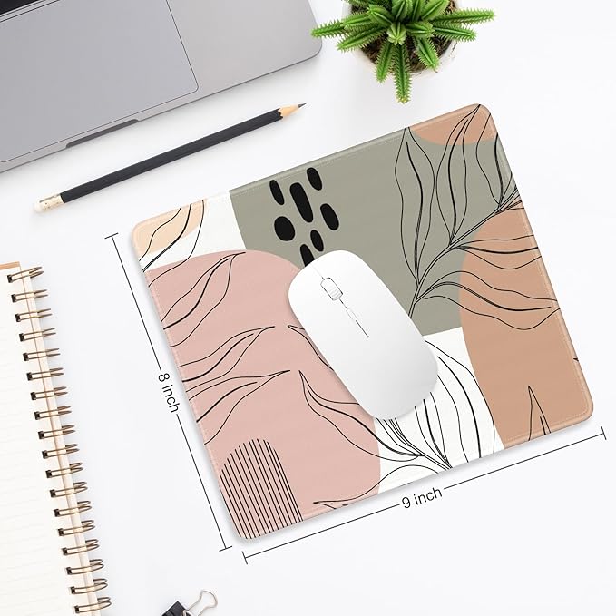 Mouse Pad, Minimalism Marble Style Computer Pad, Anti-Slip Rubber Mouse Mat with Stitched Edges for Gaming, Office, Laptop, PC, Women, 9" x 8" Thick 3 mm, Art Leaves