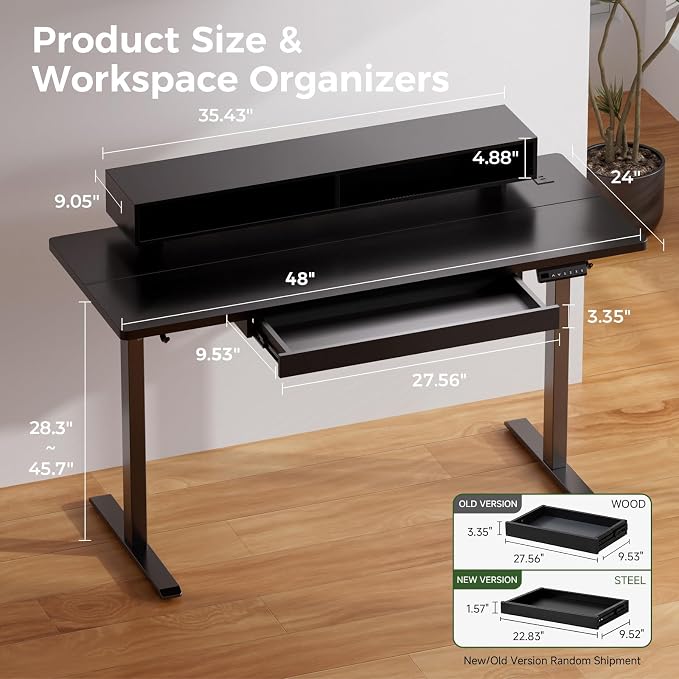 GTPLAYER Electric Standing Desk with Drawers, 48 x 24 Inch Height Adjustable Gaming Desk with Monitor Stand, Power Outlets & LED Lights, Home Office Sit Stand Up Desk with Memory Preset (Black)