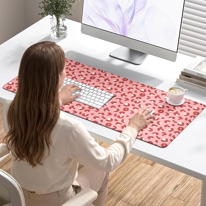 Desk Mat, Large Gaming Mouse Pad, 32" x 12", Pink Leopard | Waterproof Desk Pad, Non-Slip Rubber Base, Desktop Mat with Stitched Edges, Desk Accessories for Office, Work, Home