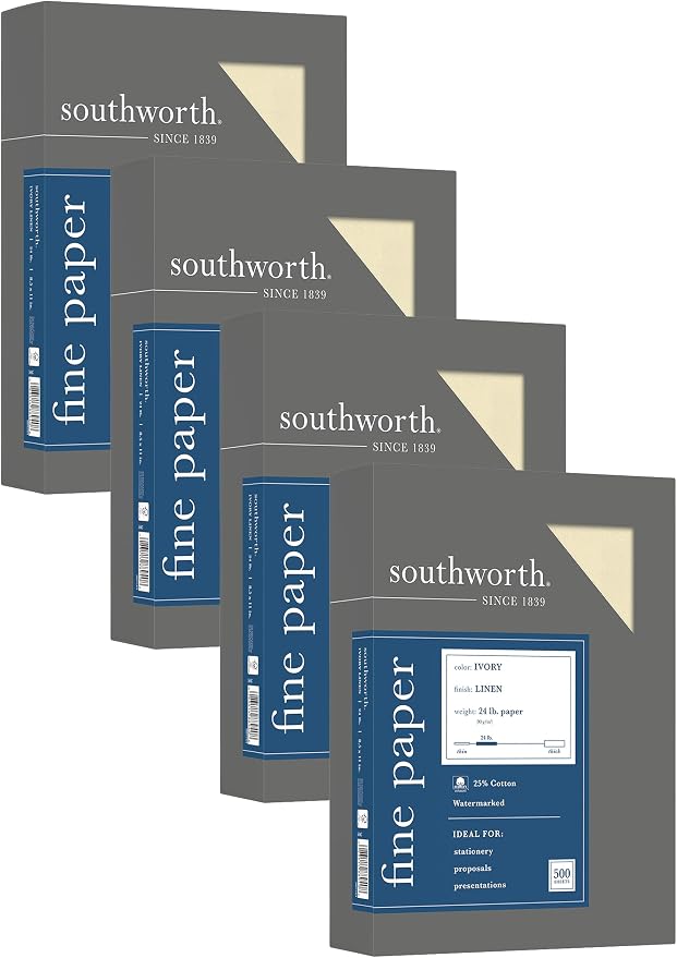Southworth 564C 25% Cotton Linen Business Paper Ivory 24 lbs. 8-1/2 x 11 500/Box FSC (Pack of 4)