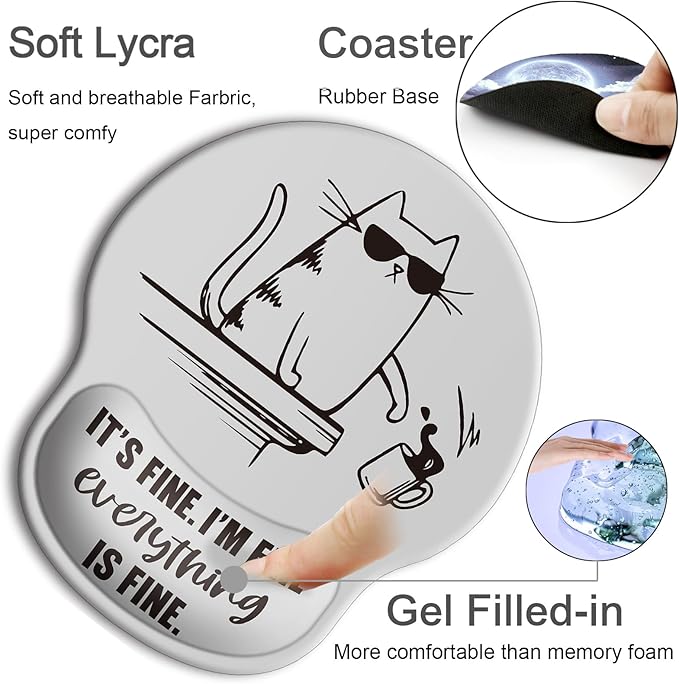 Ergonomic Mouse Pad with Wrist Support Rest,Large Mousepad Gel Wrist Rest, with Coaster Non-Slip & Pain Relief for Computer, Desk, Home&Office-Black Cute Funny Cat
