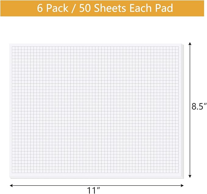 zmybcpack 6 Pack 8.5"X11" Graph Paper Pads, Grid Writing Pads | Engineering Paper for Maths Drawing, Drafting, Each Pad 50 Sheets, Double Side Printed, 4x4 Graph Ruled