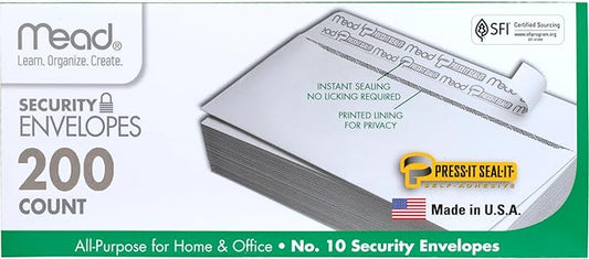 Mead #10 Security Business Envelopes Letter Size 4-1/8" x 9-1/2" – Peel and Seal, Privacy Lined, No-Window, Press-It Seal-It Self-Adhesive for Home & Office Mailing, 200 Count (742020)