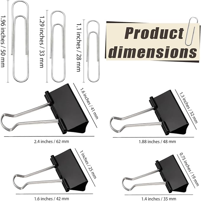 850 Pack Paper Clips and Binder Clips Assorted Sizes, | 750pcs Paper Clips and 100Pcs Binder Clips Assorted Sizes in Container for Home Office and School Supplies