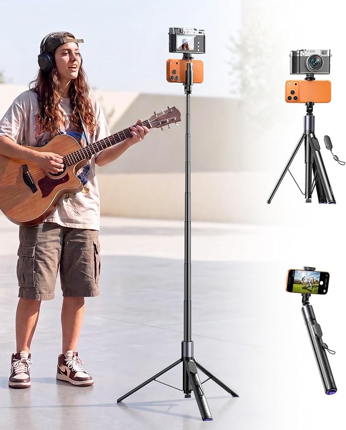 LISEN 67" Selfie Stick Tripod with Remote for Content Creators | Content creator essentials: 67" phone tripod with remote for iPhone & Android, 0.01s auto-open vlog/live stream/video kit