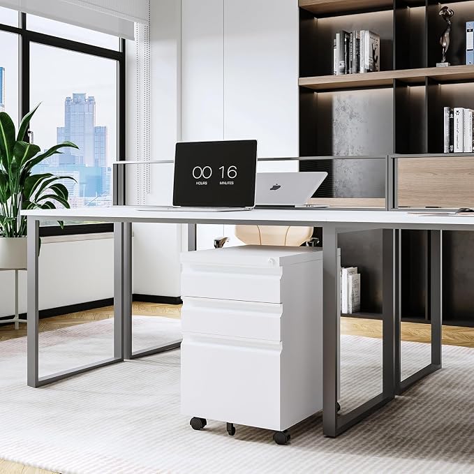 3 Drawer Mobile File Cabinet with Lock, Under Desk Metal Rolling Filing Cabinets for Home Office Organizer Letters/Legal/A4 (White- Requires Installation) (White)