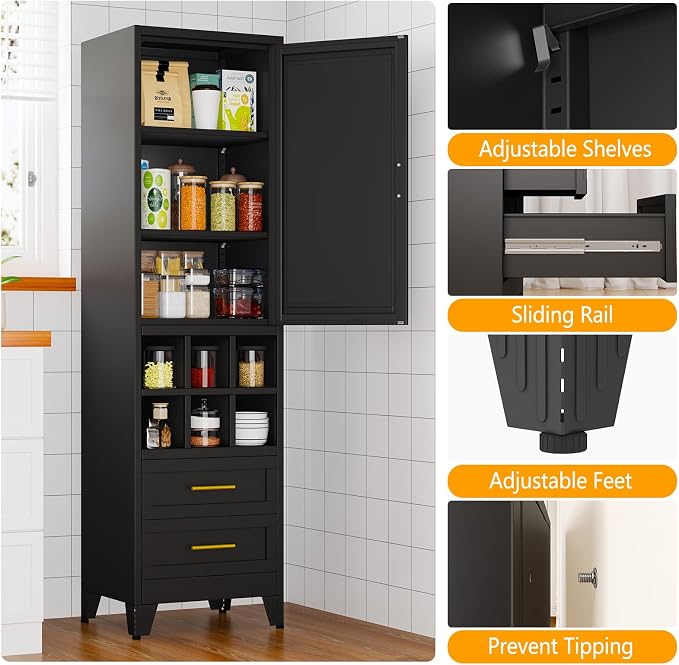 Ckzbx Tall Narrow Storage Cabinet, 66.93" H Tall Bathroom Cabinet Metal Pantry Cabinets with Hollowed-Out, 3 Adjustable Shelves, for Kitchen, Bathroom, Home Office, Living Room (Black)