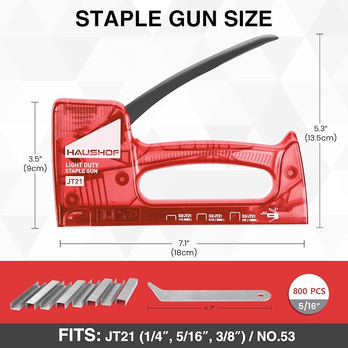 HAUSHOF Light Duty Staple Gun, Upholstery Staple Gun with 800PCS JT21 Staples and Stapler Remover, Fits JT21 Staple of 1/4'', 5/16'' & 3/8'', Used for Wood, Classroom, Crafts, DIY (Red Transparent) | Upholstery Staple Gun Fits JT21 Staple of 1/4'', 5/1...