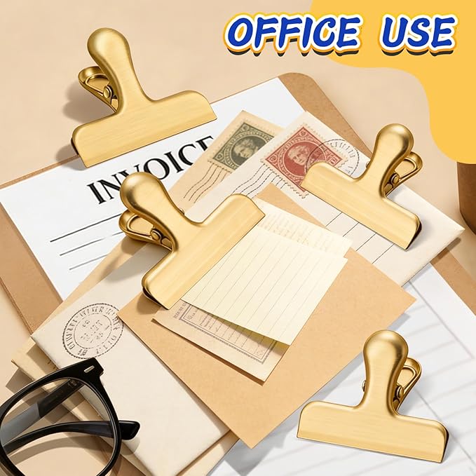 VNDUEEY 12 Pack Chip Clips, Stainless Steel Bag Clips for Food - Keep Snacks Fresh, Strong Grip Chip Clip Bag Clip, Perfect for Kitchen and Office Supplies -3 Inches, Gold