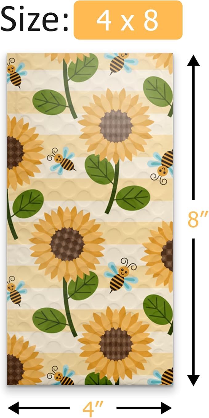 4x8 (20pcs) Sunflowers and Bees Designer Self Seal Poly Bubble Mailers Shipping Envelopes Padded Bags