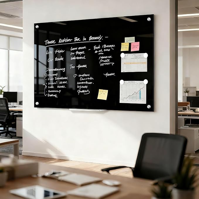 24” x 18” Black Dry Erase Board Magnetic Tempered Glass Whiteboard | (2’ x 1.5’) Small Wall Mounted Glass White Board with Acrylic Pen Tray for Office, Home, School