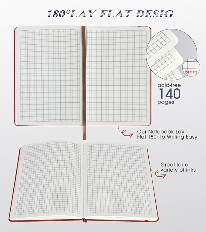 Graph Paper Notebook Journal for Women Men,140 Pages Hardcover Grid Notebooks for Work & School,Leather Journals for Writing, Graphing Paper Notebook 5.7"×8.3" (Winered)