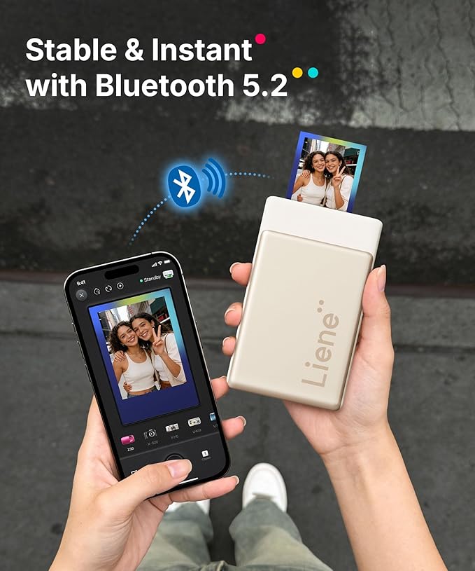 Liene Pearl N200 Pro Portable AI Photo Printer, Instant Mini Picture Printer for iPhone Smartphone, Thermal Dye Sublimation, Bluetooth Sticker Maker 10 Sheets 2x3 Adhesive Paper & 1 Cartridge, Gold