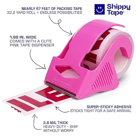 Fragile Packing Tape with Pink Dispenser – Pink & Burgundy Heart Design, 1.88" x 22.2 Yards – Packaging Tape for Moving Boxes, Small Business, and Mailers
