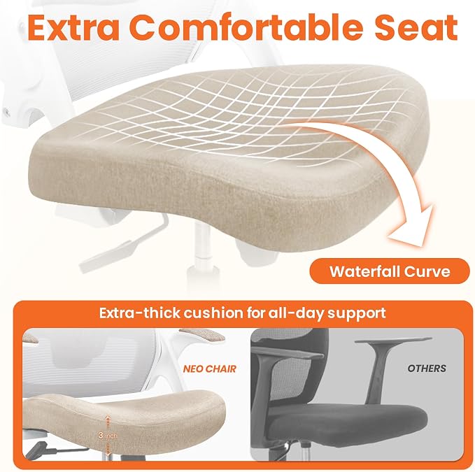 NEO CHAIR Office Desk Chair with Ergonomic High Back Mesh Headrest, Beige | Adjustable Headrest and Lumbar Support with Flip-Up Armrests Designed for Extended Sitting Comfort While Saving Space