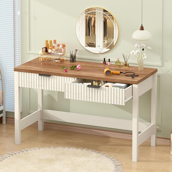 47 Inch Small Fluted Computer Desk with 2 Drawers for Bedroom, Home Office | Small Computer Desk with Storage, Compact Writing Study Desk for Small Spaces