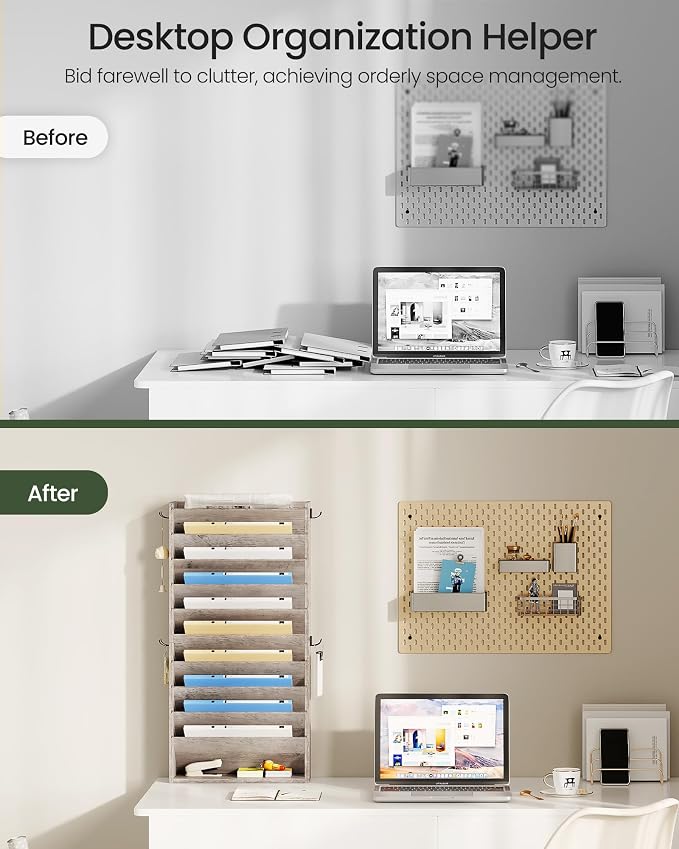 Wall File Organizer, 10-Tier Hanging Mail Organizer, Wall Mount File Holder with 4 Side Hooks, Industrial Mail and Storage Organizer, Wooden Vertical Hanging Holder for Office, Greige MWJ03FH