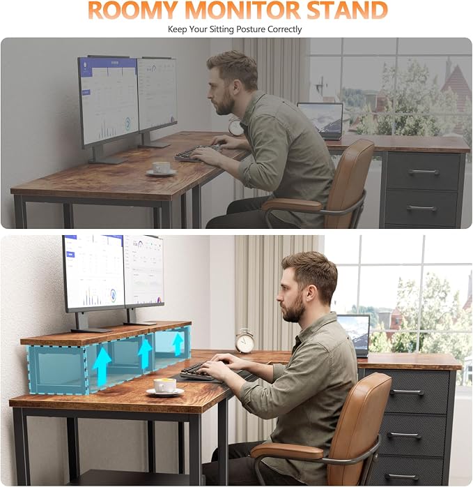 Korfile 59 inch L Shaped Computer Desk with Power Outlets, Rustic Brown | Ideal for Home Office, Bedroom, Corner, 4 Adjustable Storage Drawers, 2 Monitor Stands, Reversible, Two Person Gaming Table