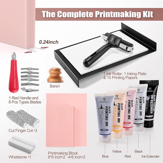 Linoleum Blocks for Printmaking, Stamp Making Carving Linocut Kit for Kids DIY Gift, Rubber Stamp Carving Screen Printing Kit with 4 Colors Block Printing Ink, Rubber Block, Linocut Tools, Brayer
