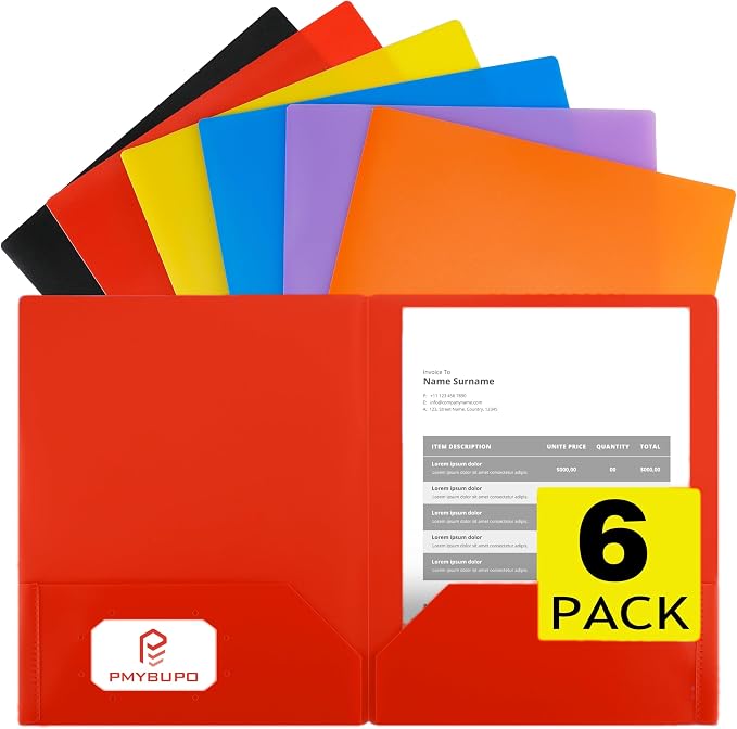 pmybupo 6 Pack Plastic Folders with Pockets,6 Rainbow Colors,2 Pocket,Durable Heavy Duty File Folders with Business Card Holder,Letter Size Paper for Office High School