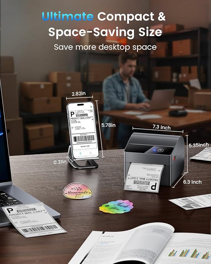 ASprink Bluetooth Shipping Label Printer 4x6, 2026 Upgraded Thermal Label Printer with Built-in Paper Bin, Thermal Printers for Small Business & Shipping Packages, Compatible with Amazon, Tiktok, USPS