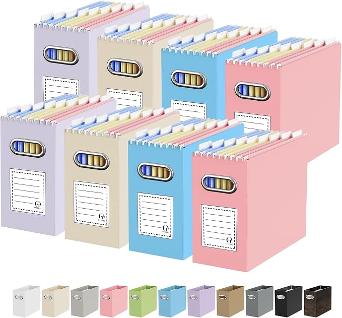Portable Collapsible Cardboard File Box with Handle for Letter-Size | 8-Pack. Stainless Steel Handle. Label Stickers Included. Fits Letter Folders (Not Included). Home, Office, School, Dorm, Tax.