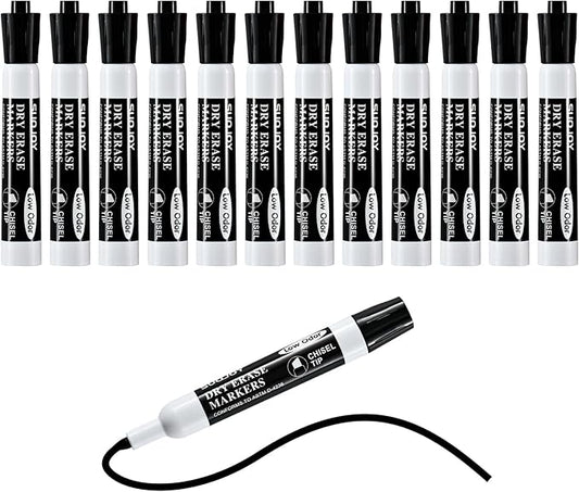 Dry Erase Markers, Chisel Tip Whiteboard Marker, Low Odor Thick Dry Markers, 12 Bulk Black Color Markers for office.