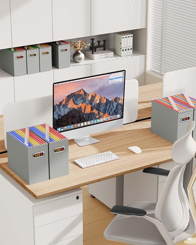 Portable Collapsible Cardboard File Box with Handle for Letter-Size | 4-Pack. Stainless Steel Handle. Label Stickers Included. Fits Letter Folders (Not Included). Home, Office, School, Dorm, Tax.
